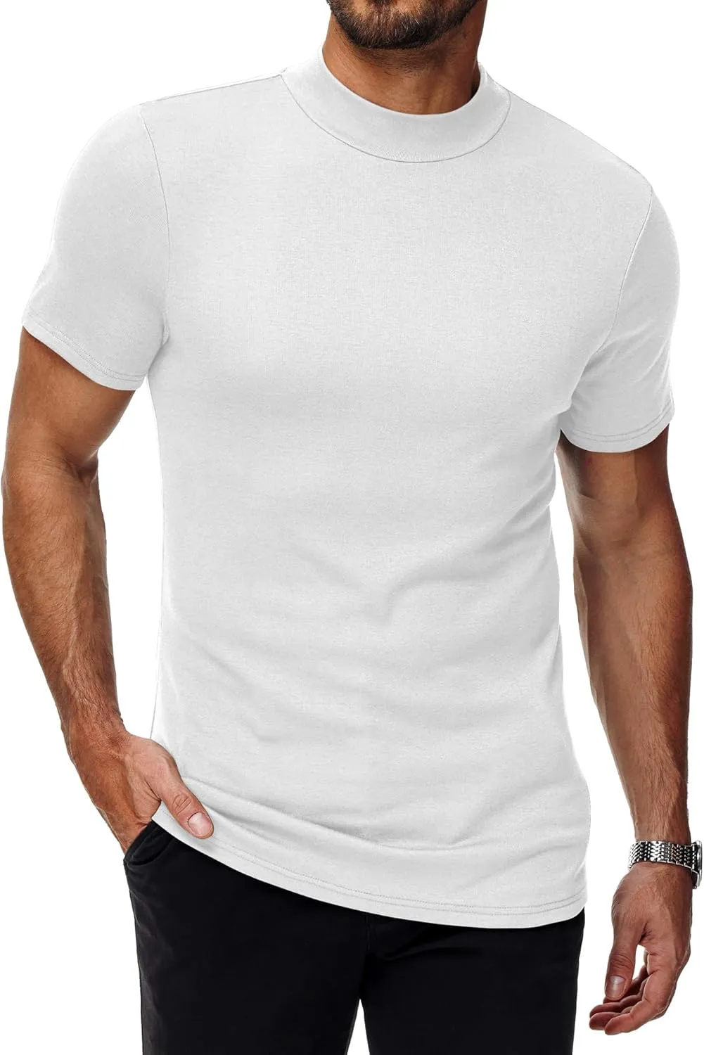 Ficerd 4 Pack Men's Mock Neck T Shirts, Short Sleeve Mock Turtleneck Undershirt Pullover Basic Causal Solid Tee Tops for Men