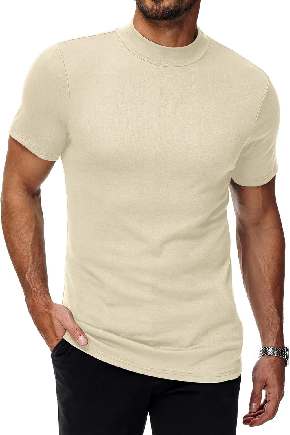Ficerd 4 Pack Men's Mock Neck T Shirts, Short Sleeve Mock Turtleneck Undershirt Pullover Basic Causal Solid Tee Tops for Men