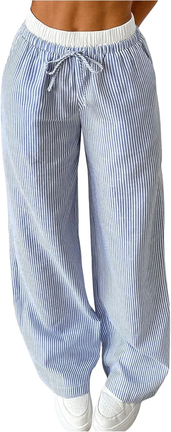 Floerns Girl's Striped Print Drawstring Waist Vacation Coastal Flowy Wide Leg Pants