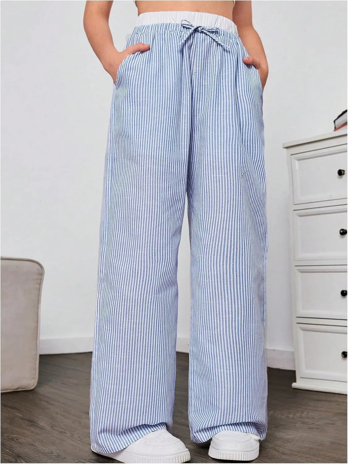 Floerns Girl's Striped Print Drawstring Waist Vacation Coastal Flowy Wide Leg Pants