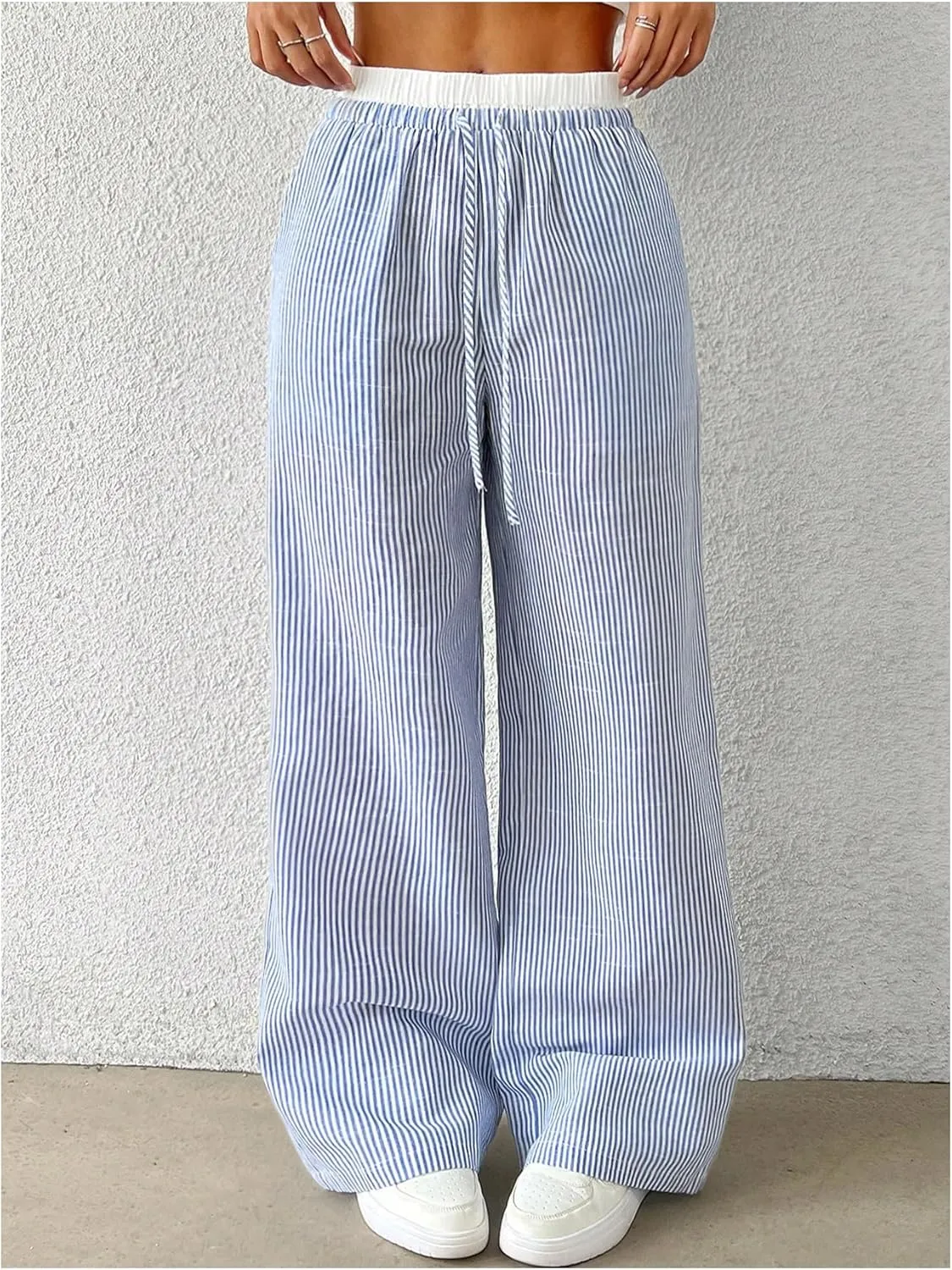 Floerns Girl's Striped Print Drawstring Waist Vacation Coastal Flowy Wide Leg Pants