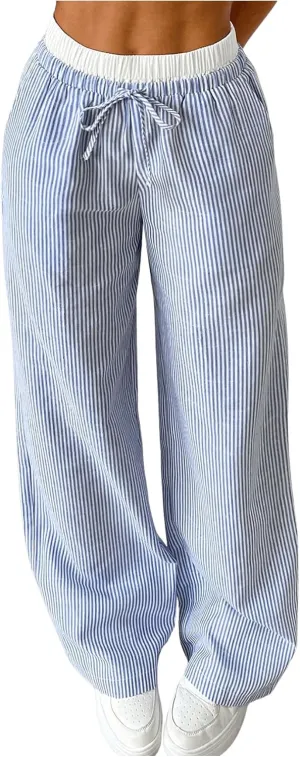 Floerns Girl's Striped Print Drawstring Waist Vacation Coastal Flowy Wide Leg Pants