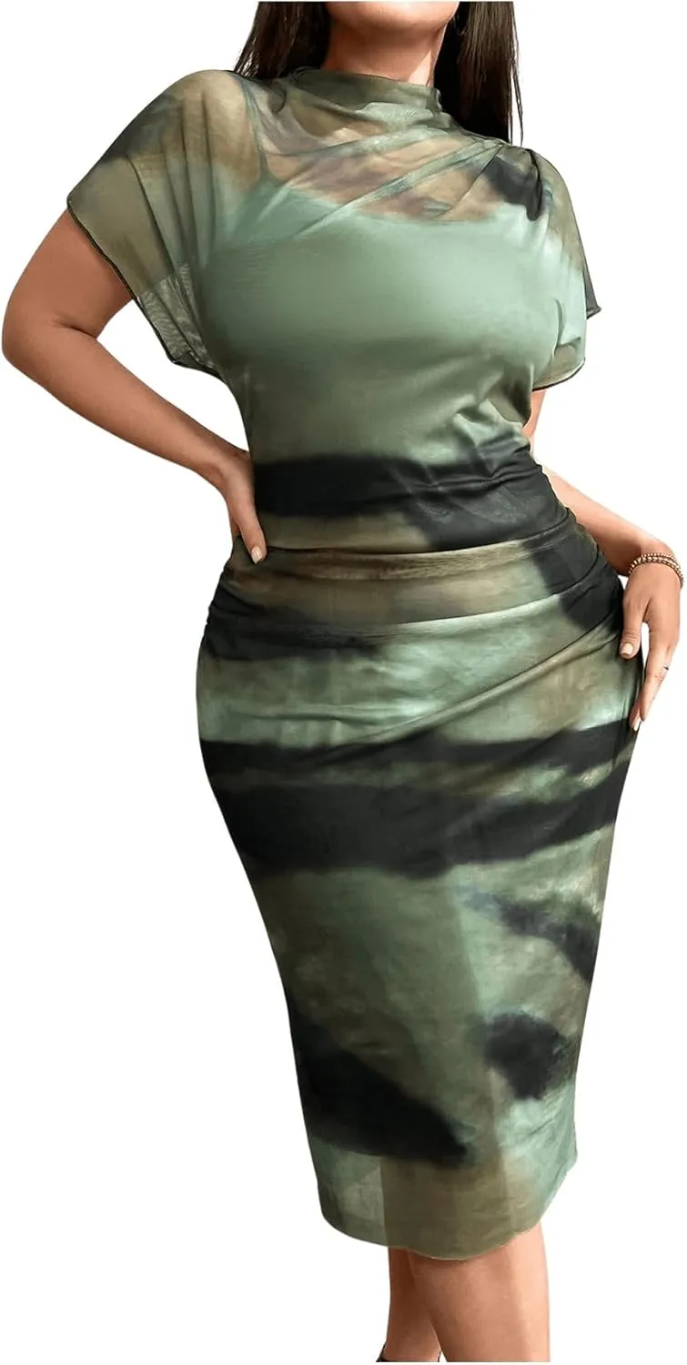 Floerns Women's Plus Size Tie Dye Mesh Dolman Short Sleeve Party Bodycon Midi Dress