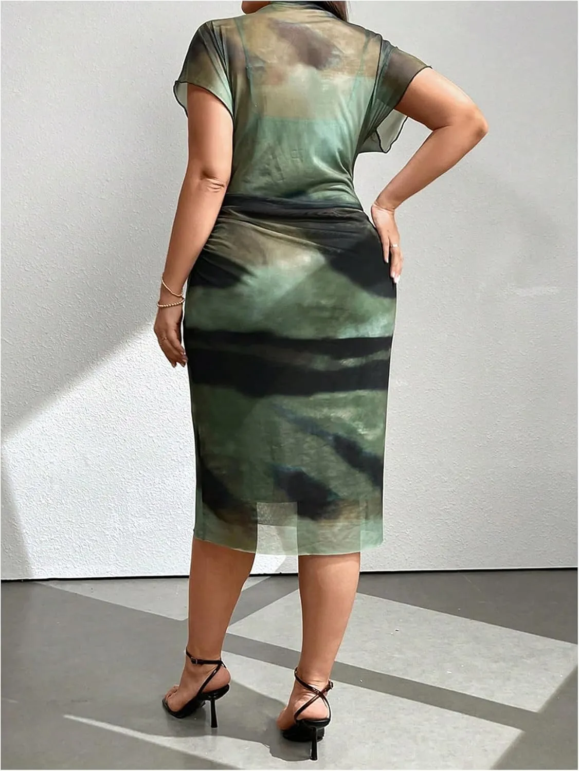 Floerns Women's Plus Size Tie Dye Mesh Dolman Short Sleeve Party Bodycon Midi Dress