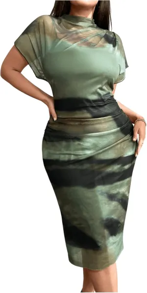 Floerns Women's Plus Size Tie Dye Mesh Dolman Short Sleeve Party Bodycon Midi Dress