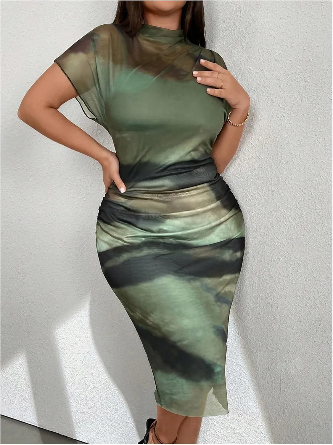 Floerns Women's Plus Size Tie Dye Mesh Dolman Short Sleeve Party Bodycon Midi Dress