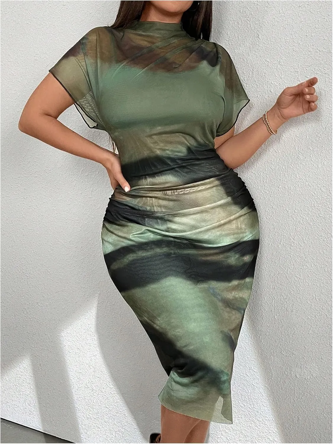 Floerns Women's Plus Size Tie Dye Mesh Dolman Short Sleeve Party Bodycon Midi Dress