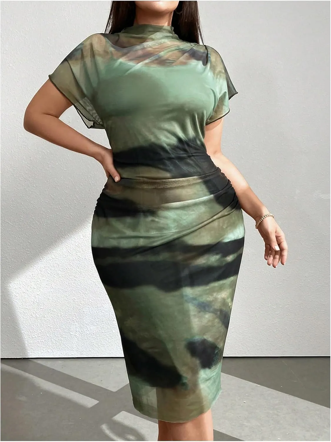 Floerns Women's Plus Size Tie Dye Mesh Dolman Short Sleeve Party Bodycon Midi Dress