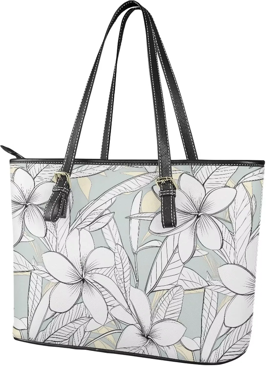 Flowers Soft Leather Tote Bag for Women Handbag Purse, Coastal Style Faux Leather Zipper Travel Tote Bag 13.5 Inch