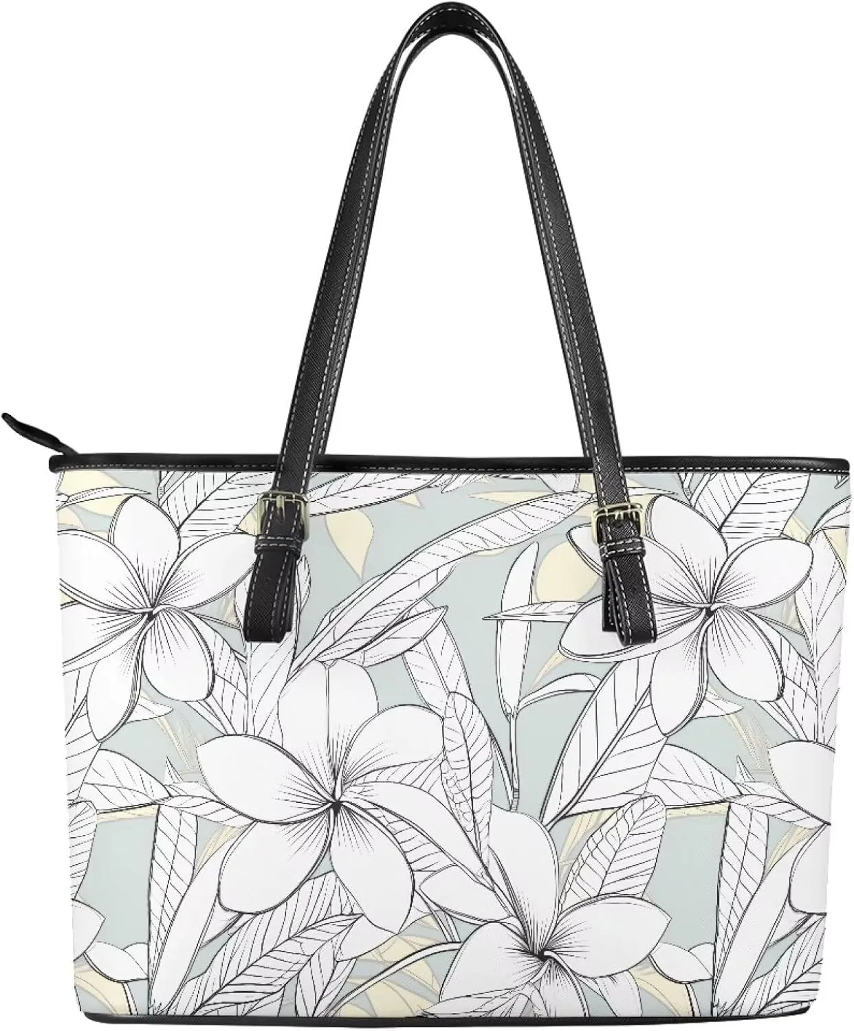 Flowers Soft Leather Tote Bag for Women Handbag Purse, Coastal Style Faux Leather Zipper Travel Tote Bag 13.5 Inch