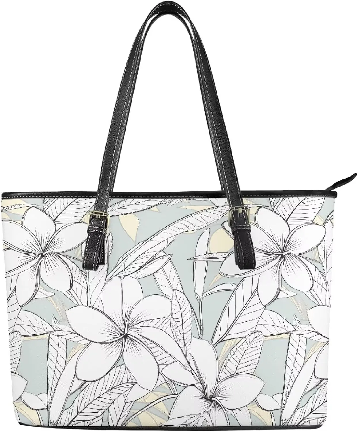 Flowers Soft Leather Tote Bag for Women Handbag Purse, Coastal Style Faux Leather Zipper Travel Tote Bag 13.5 Inch