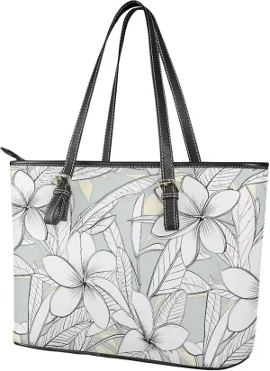 Flowers Soft Leather Tote Bag for Women Handbag Purse, Coastal Style Faux Leather Zipper Travel Tote Bag 13.5 Inch