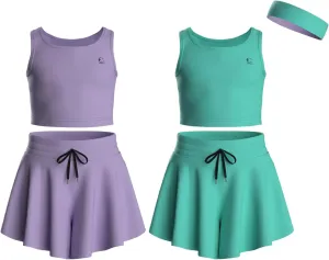 Flowy Girls Butterfly Shorts Skirts w/Pockets & Athletic Sleeveless Tank Tops, Dance Tennis Cheer Running (5pc Set)