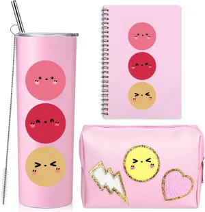 Fumete 3 Pcs Preppy Gift Thank You Set 20 oz Preppy Stainless Steel Tumbler Pink Notebook PU Leather Waterproof Makeup Cosmetic Bag Graduation Student End of Year Gift School Supplies(Smile Face)
