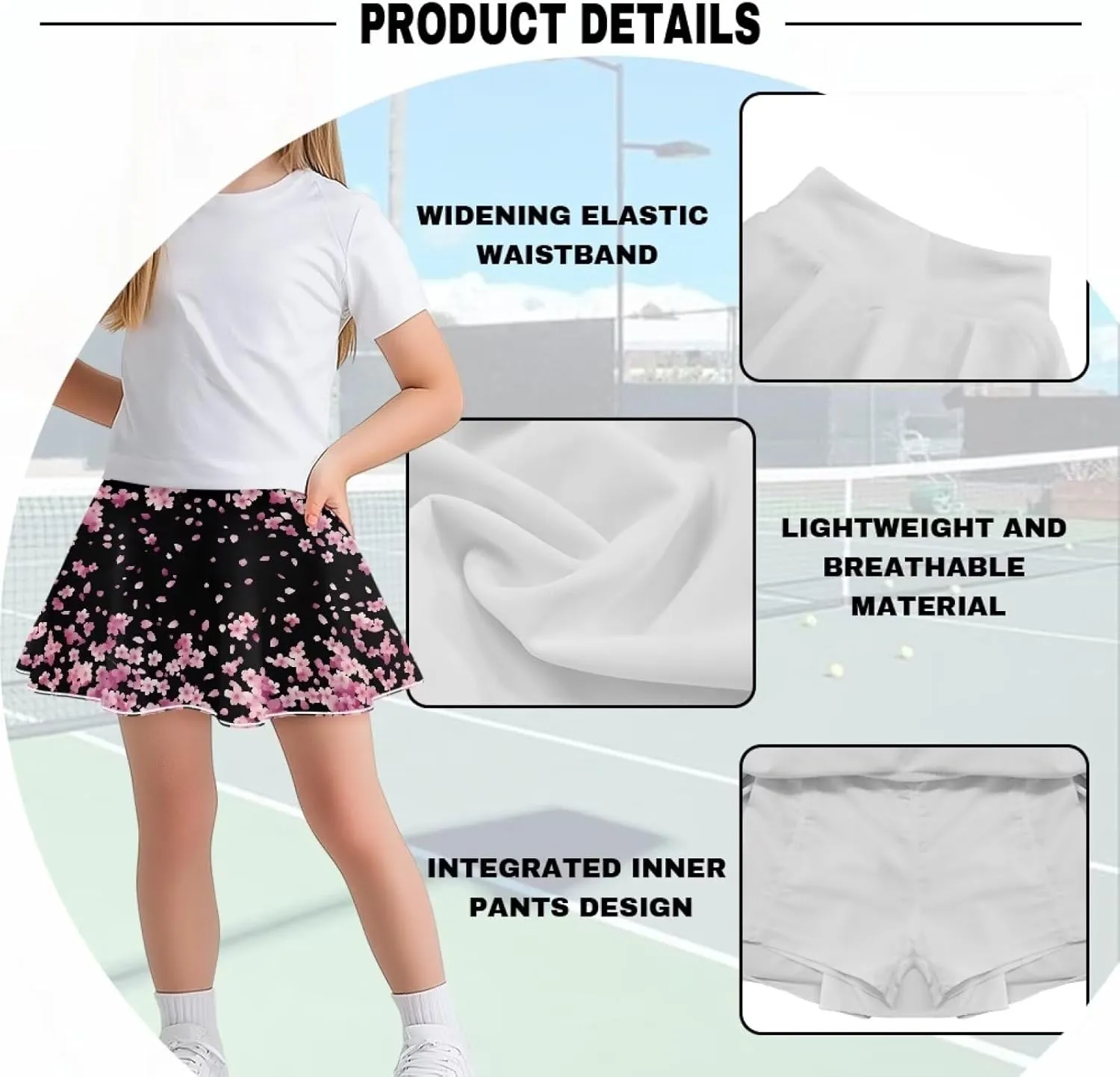 Girls' 2-in-1 Athletic Skirts for Tennis Running Dance Golf with Inner Shorts Pockets