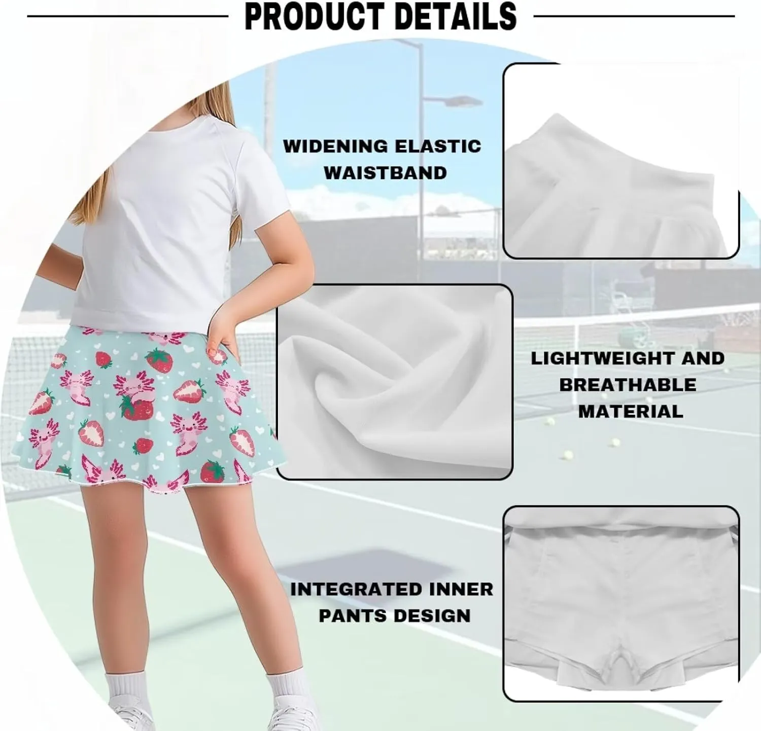 Girls' 2-in-1 Athletic Skirts for Tennis Running Dance Golf with Inner Shorts Pockets