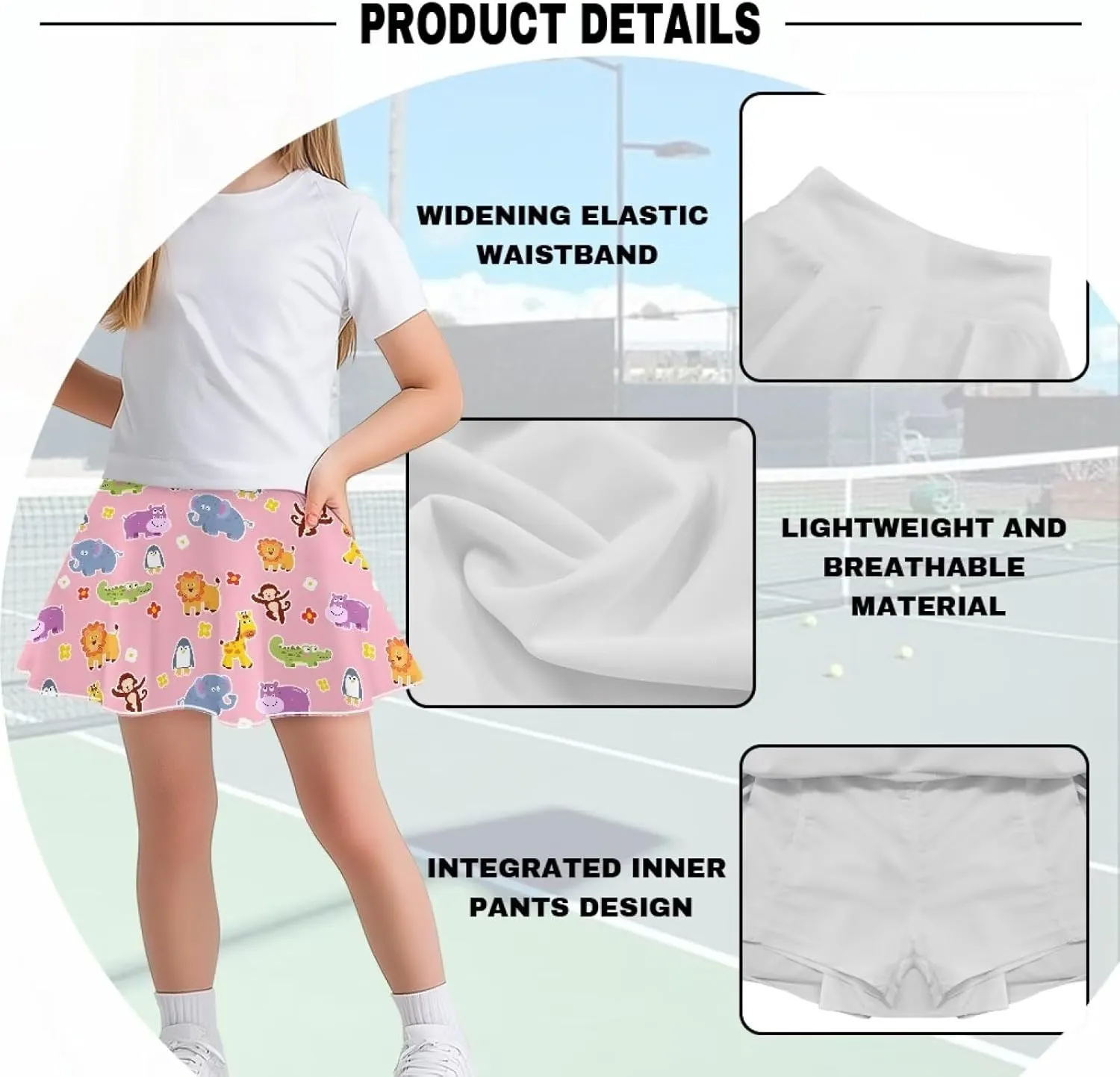 Girls' 2-in-1 Athletic Skirts for Tennis Running Dance Golf with Inner Shorts Pockets