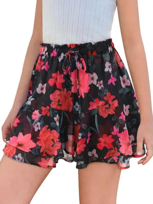 Girls Floral Skirts Kids Fashion Elastic High Waist Ruffle Flowy Shorts with Drawstring 5-14 Years
