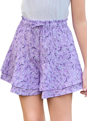 Girls Floral Skirts Kids Fashion Elastic High Waist Ruffle Flowy Shorts with Drawstring 5-14 Years