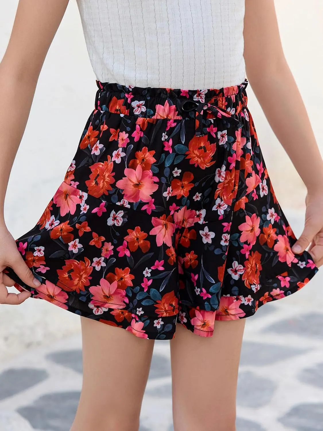 Girls Floral Skirts Kids Fashion Elastic High Waist Ruffle Flowy Shorts with Drawstring 5-14 Years