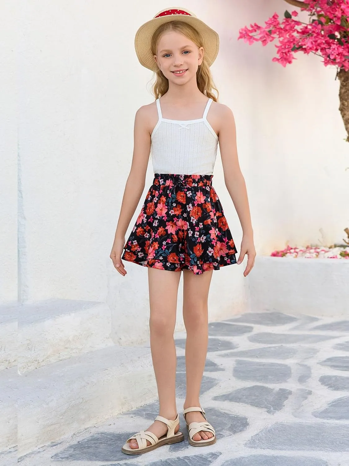 Girls Floral Skirts Kids Fashion Elastic High Waist Ruffle Flowy Shorts with Drawstring 5-14 Years