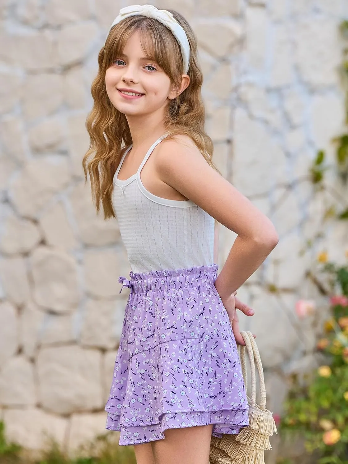 Girls Floral Skirts Kids Fashion Elastic High Waist Ruffle Flowy Shorts with Drawstring 5-14 Years
