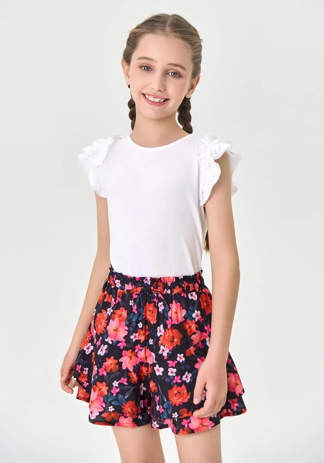 Girls Floral Skirts Kids Fashion Elastic High Waist Ruffle Flowy Shorts with Drawstring 5-14 Years