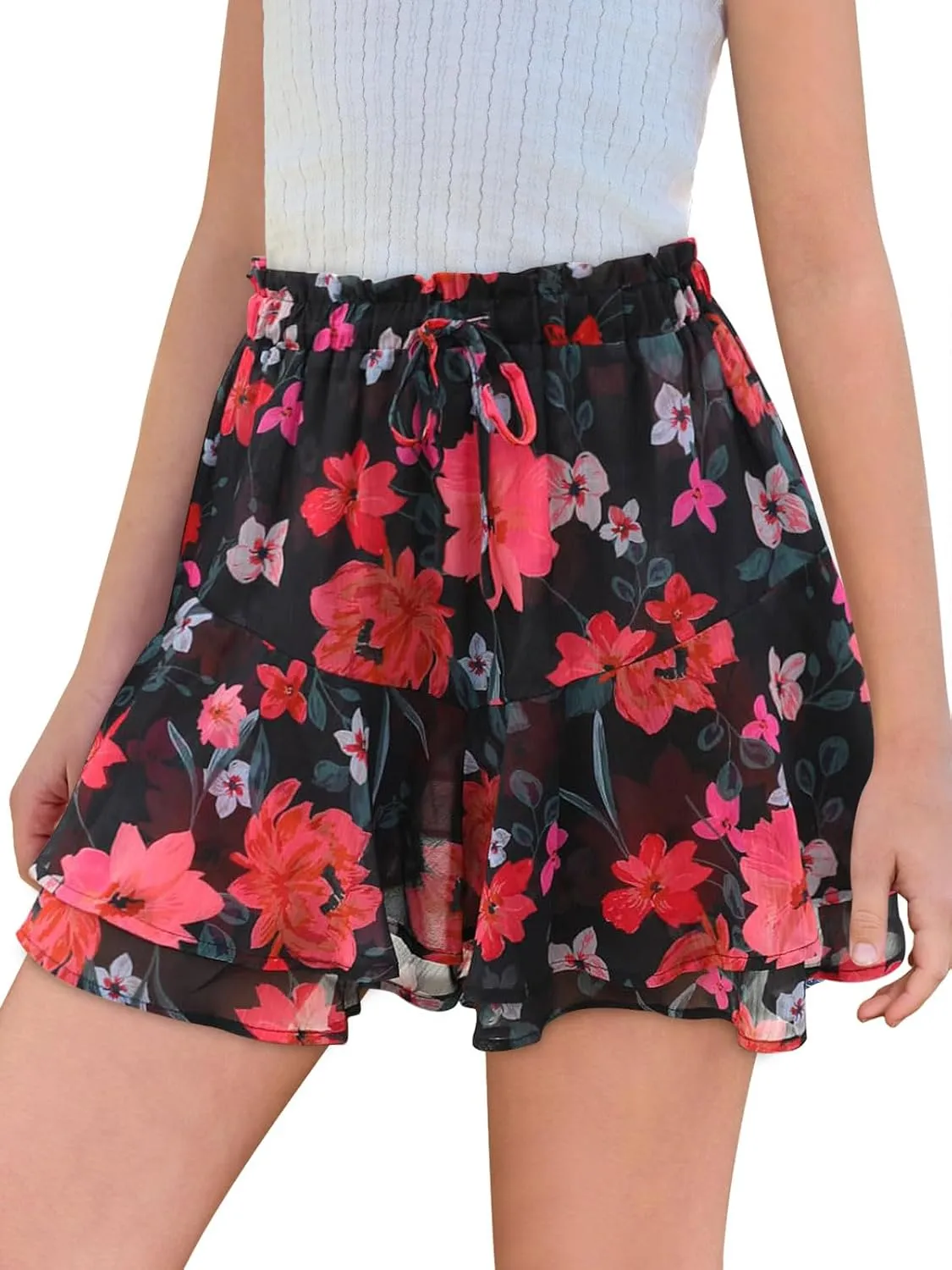 Girls Floral Skirts Kids Fashion Elastic High Waist Ruffle Flowy Shorts with Drawstring 5-14 Years