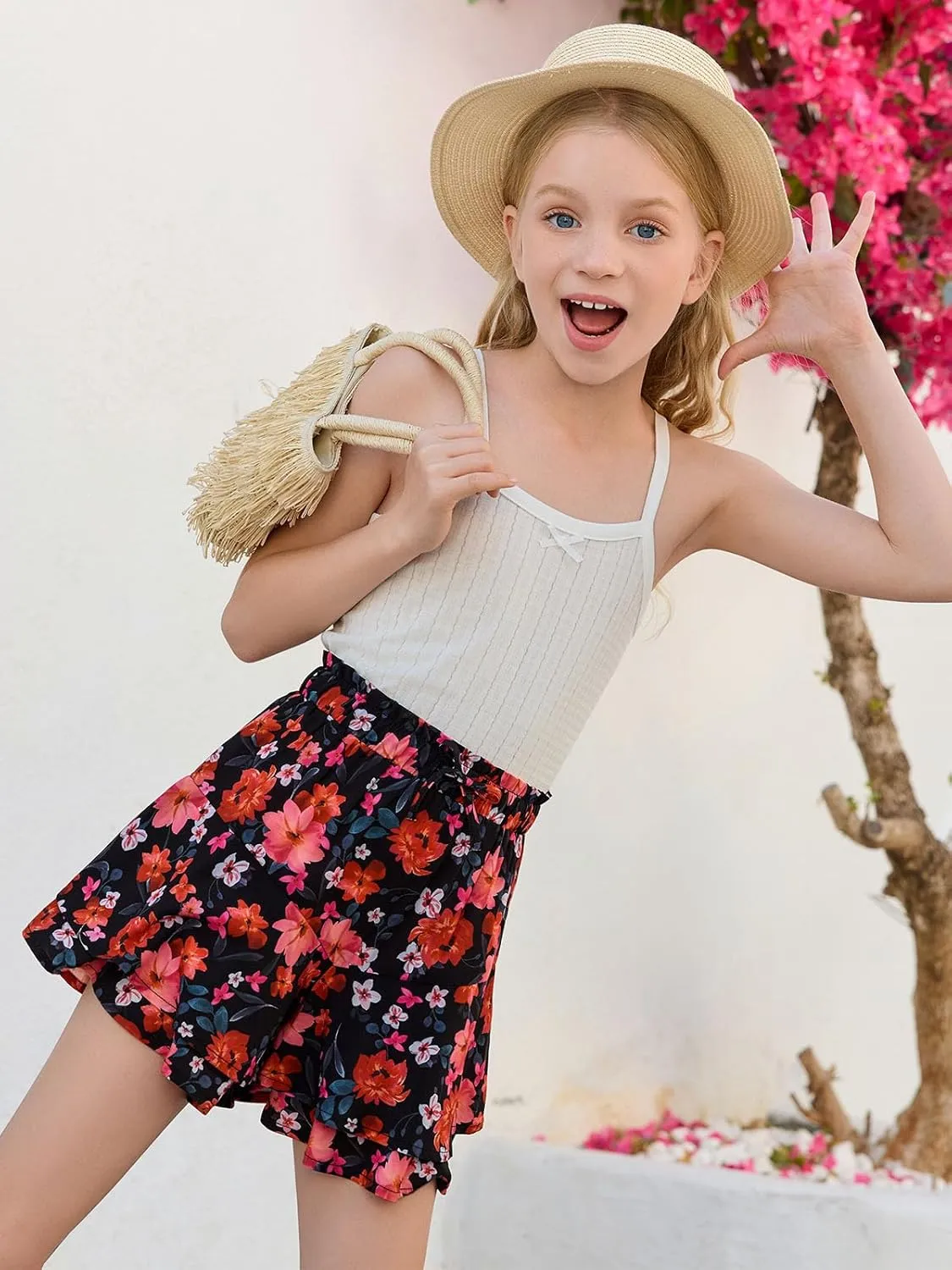 Girls Floral Skirts Kids Fashion Elastic High Waist Ruffle Flowy Shorts with Drawstring 5-14 Years