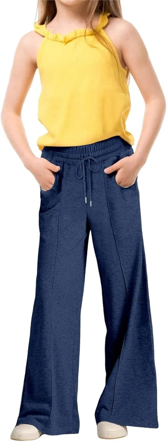 Girls' Wide Leg Sweatpants High Elastic Waist Pants rawstring Casual Straight Leg Jogger Swearpants with Pocket