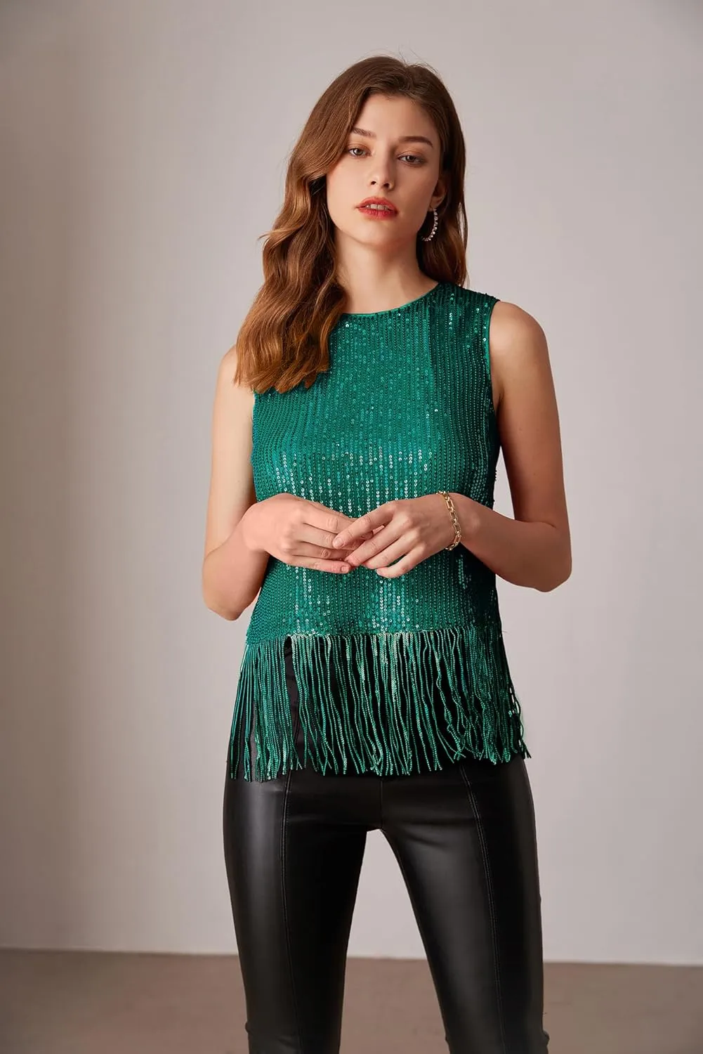 GRACE KARIN Sparkly Fringe Tops for Women Sleeveless Crewneck Tassel Sequin Tank Top Glitter Crop Party Shirt Cami Outfit