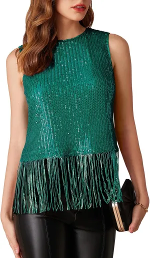 GRACE KARIN Sparkly Fringe Tops for Women Sleeveless Crewneck Tassel Sequin Tank Top Glitter Crop Party Shirt Cami Outfit