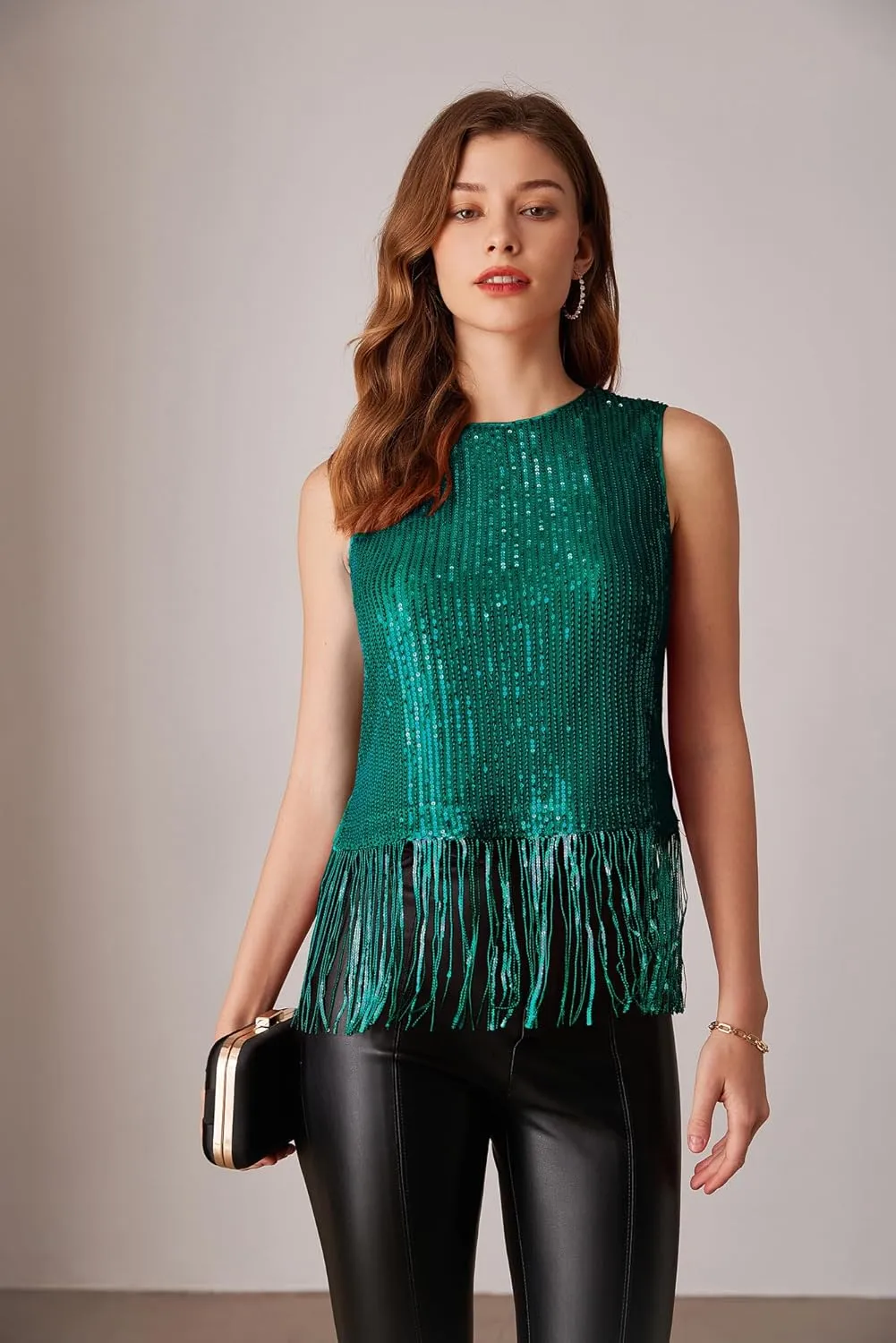 GRACE KARIN Sparkly Fringe Tops for Women Sleeveless Crewneck Tassel Sequin Tank Top Glitter Crop Party Shirt Cami Outfit