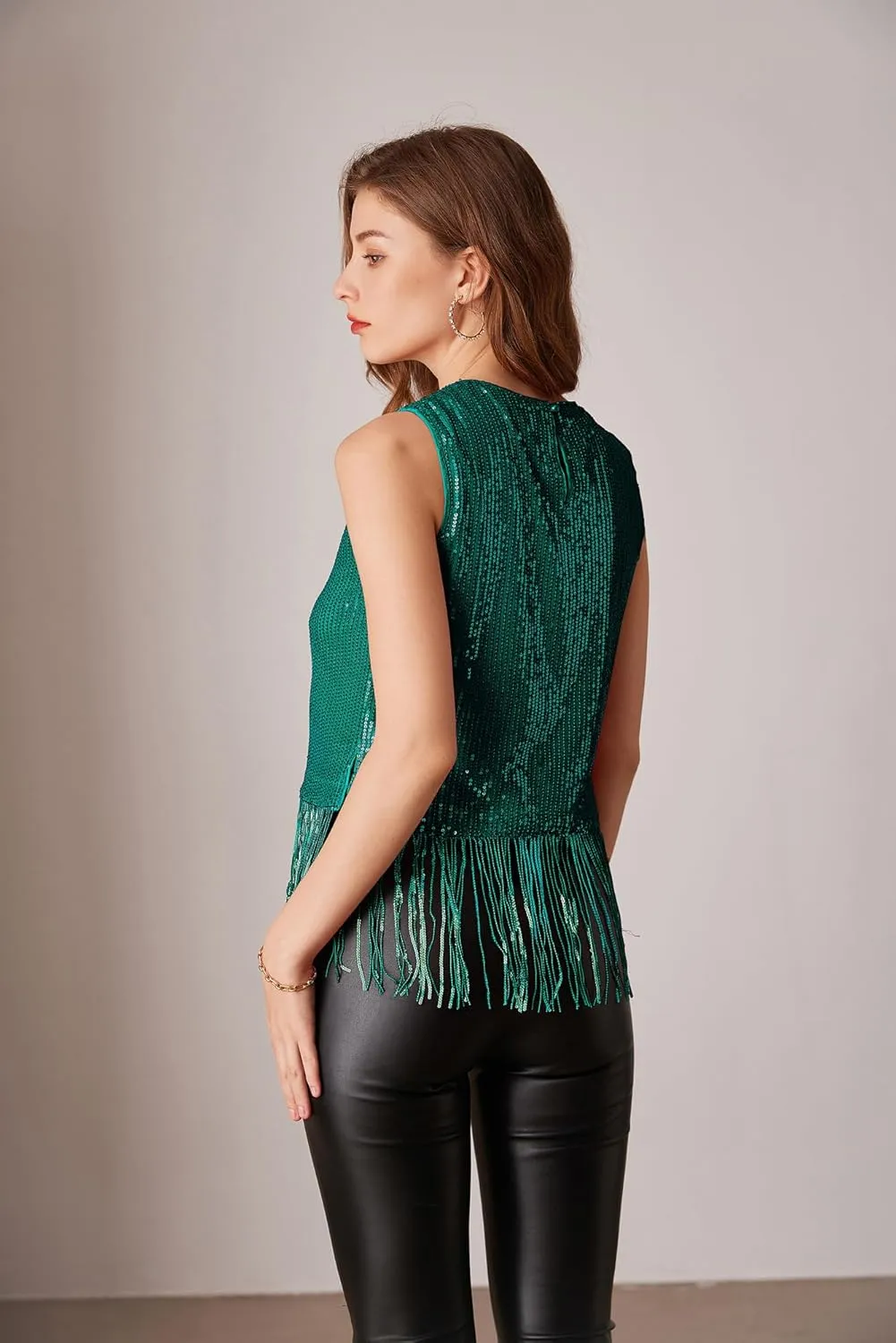 GRACE KARIN Sparkly Fringe Tops for Women Sleeveless Crewneck Tassel Sequin Tank Top Glitter Crop Party Shirt Cami Outfit