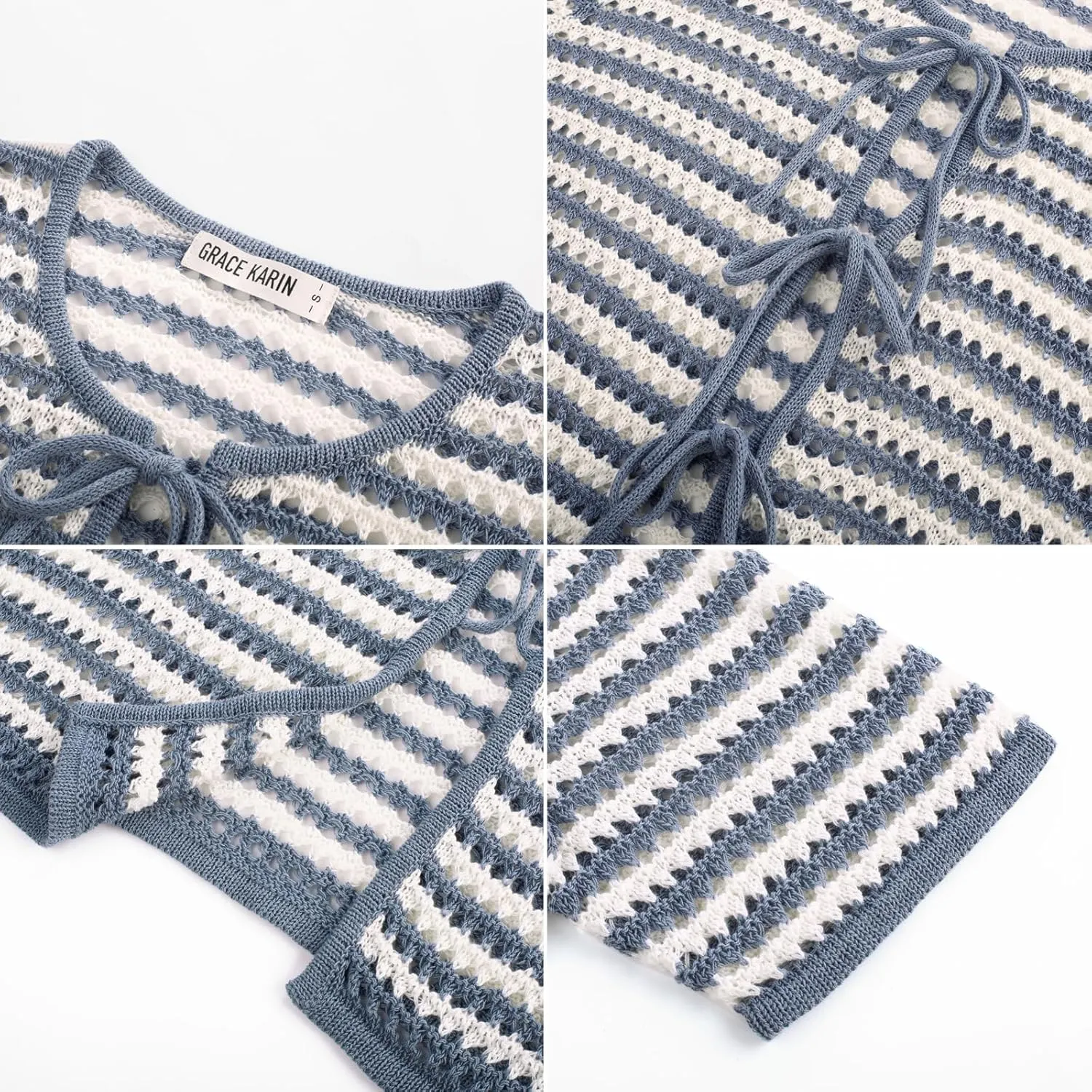 GRACE KARIN Womens Summer Tie Front Cardigan Striped Short Sleeve Sweater Crochet Cropped Tops Casual Beach Coverup