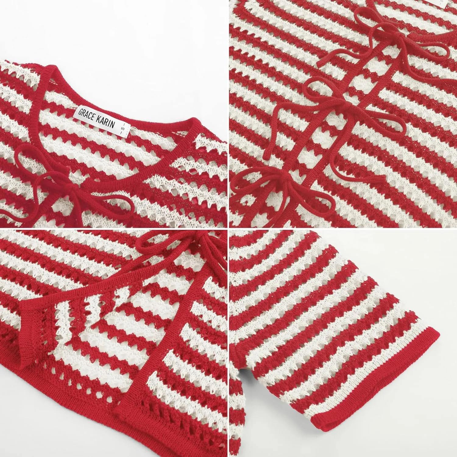 GRACE KARIN Womens Summer Tie Front Cardigan Striped Short Sleeve Sweater Crochet Cropped Tops Casual Beach Coverup