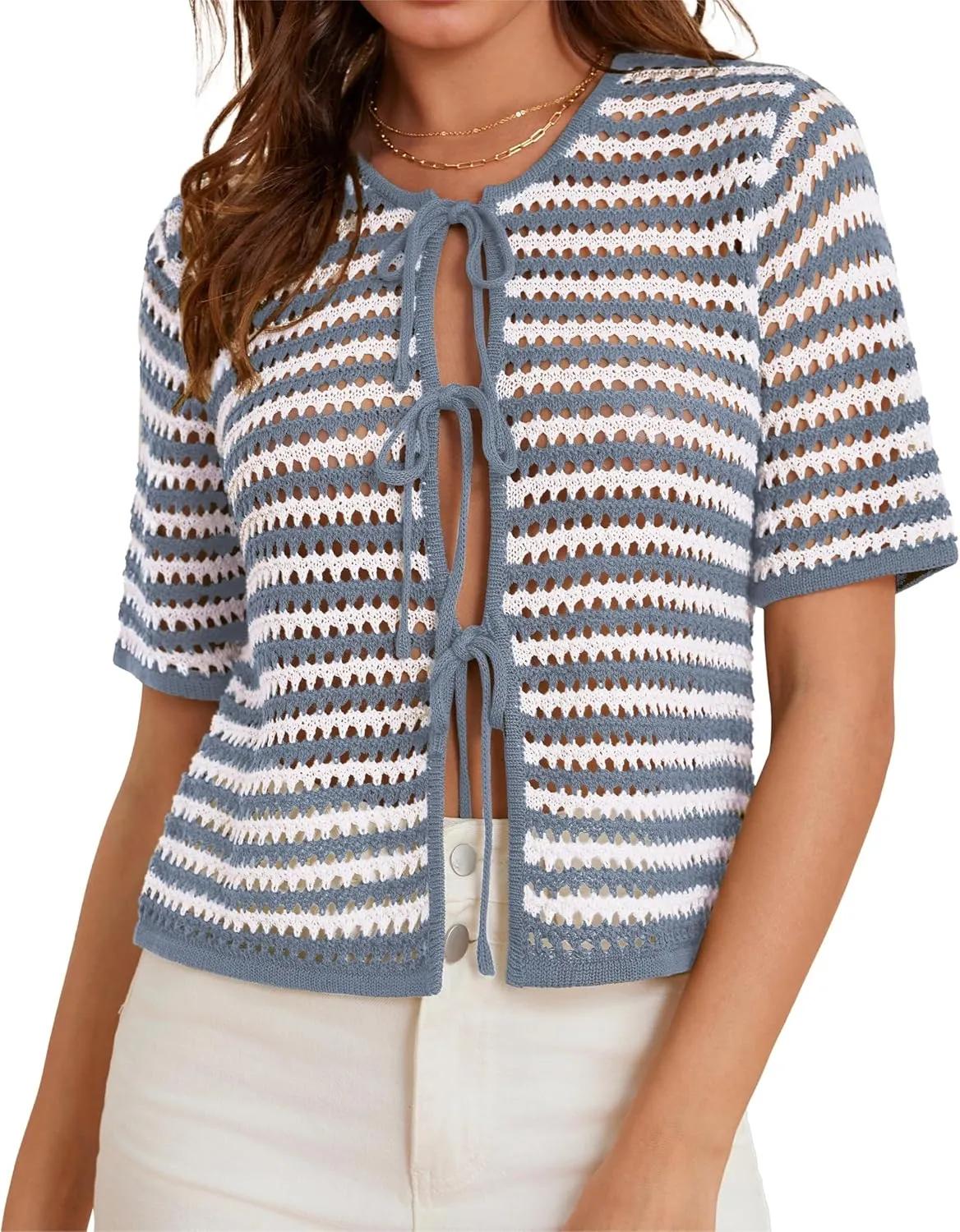GRACE KARIN Womens Summer Tie Front Cardigan Striped Short Sleeve Sweater Crochet Cropped Tops Casual Beach Coverup