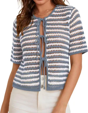 GRACE KARIN Womens Summer Tie Front Cardigan Striped Short Sleeve Sweater Crochet Cropped Tops Casual Beach Coverup