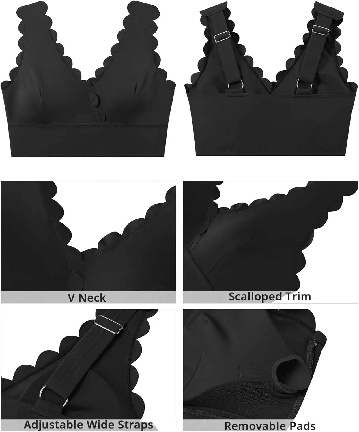 GRAPENT Bikini Tops for Women Scalloped Bathing Suit Beach Padded Adjustable Cropped Tankini Swimwear Swim Top Only