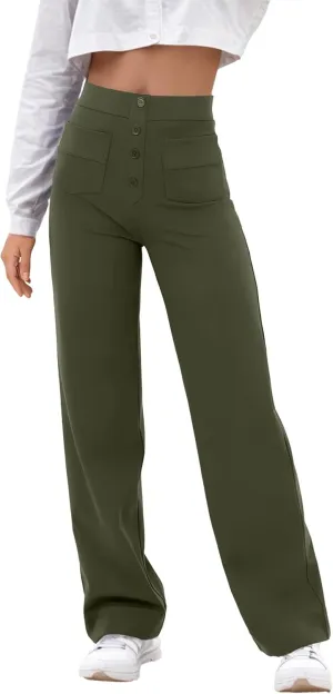 GRECERELLE Womens Casual Straight Leg Pants High Waisted Button Stretchy Business Work Trousers with Multiple Pockets