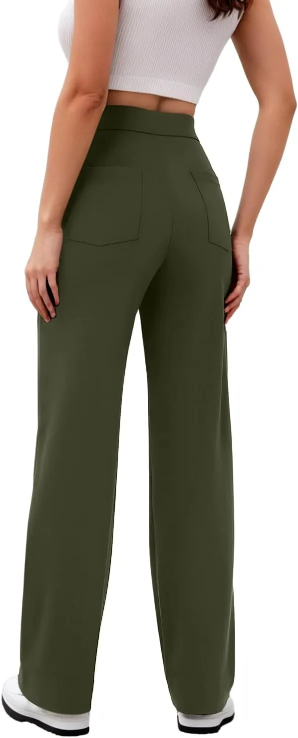 GRECERELLE Womens Casual Straight Leg Pants High Waisted Button Stretchy Business Work Trousers with Multiple Pockets