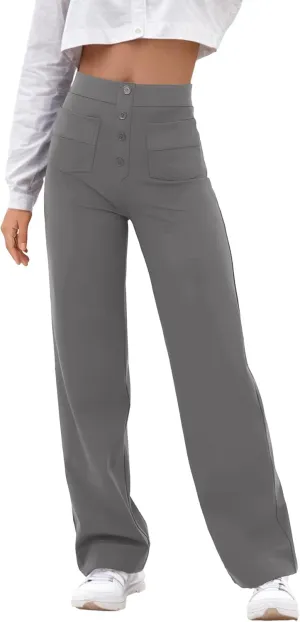 GRECERELLE Womens Casual Straight Leg Pants High Waisted Button Stretchy Business Work Trousers with Multiple Pockets