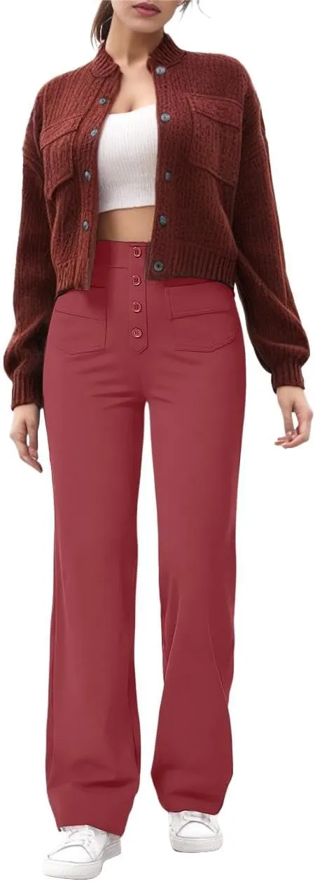 GRECERELLE Womens Casual Straight Leg Pants High Waisted Button Stretchy Business Work Trousers with Multiple Pockets
