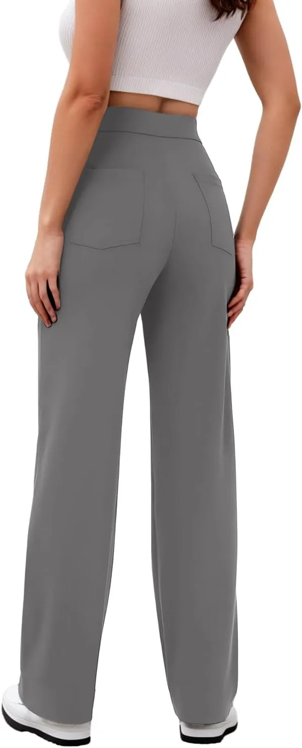 GRECERELLE Womens Casual Straight Leg Pants High Waisted Button Stretchy Business Work Trousers with Multiple Pockets
