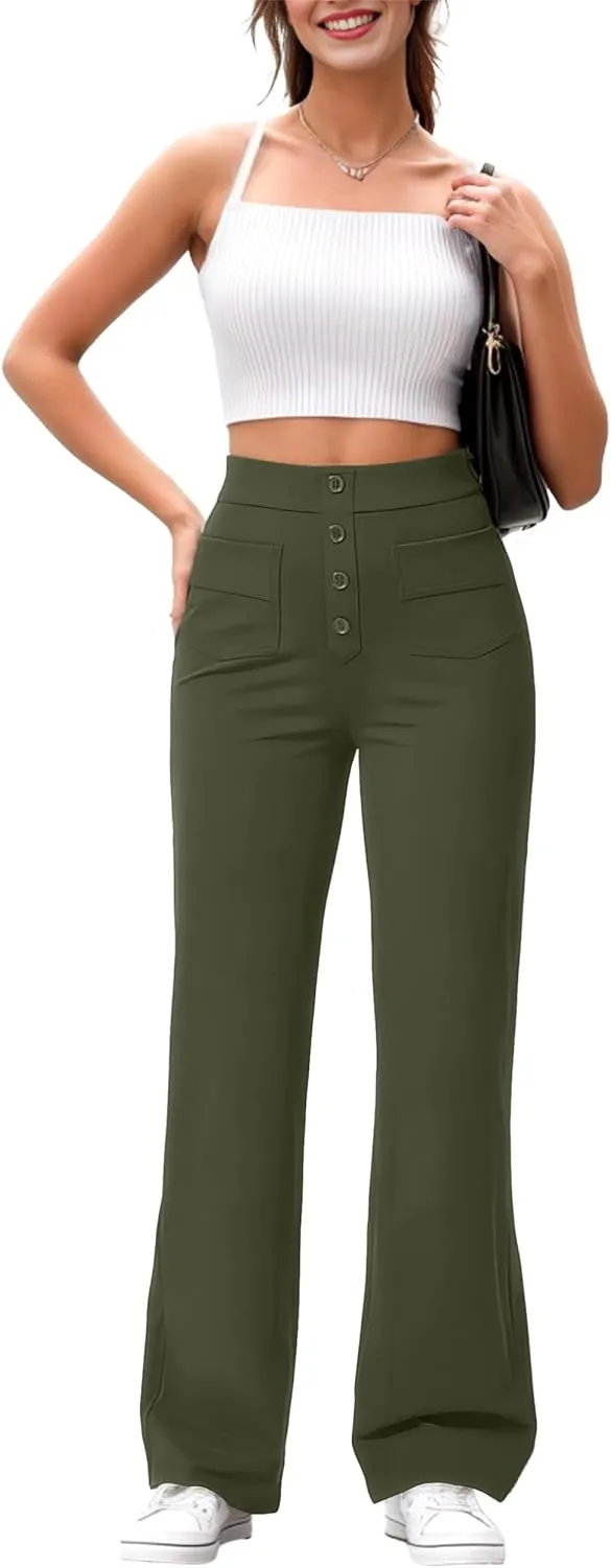 GRECERELLE Womens Casual Straight Leg Pants High Waisted Button Stretchy Business Work Trousers with Multiple Pockets