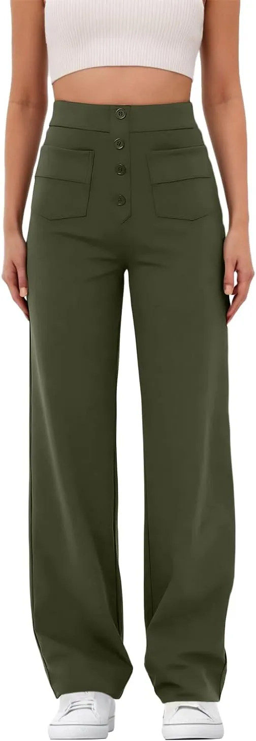 GRECERELLE Womens Casual Straight Leg Pants High Waisted Button Stretchy Business Work Trousers with Multiple Pockets
