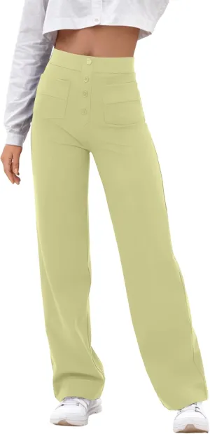 GRECERELLE Womens Casual Straight Leg Pants High Waisted Button Stretchy Business Work Trousers with Multiple Pockets