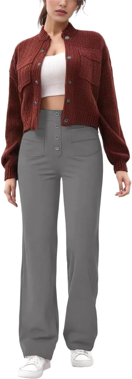 GRECERELLE Womens Casual Straight Leg Pants High Waisted Button Stretchy Business Work Trousers with Multiple Pockets
