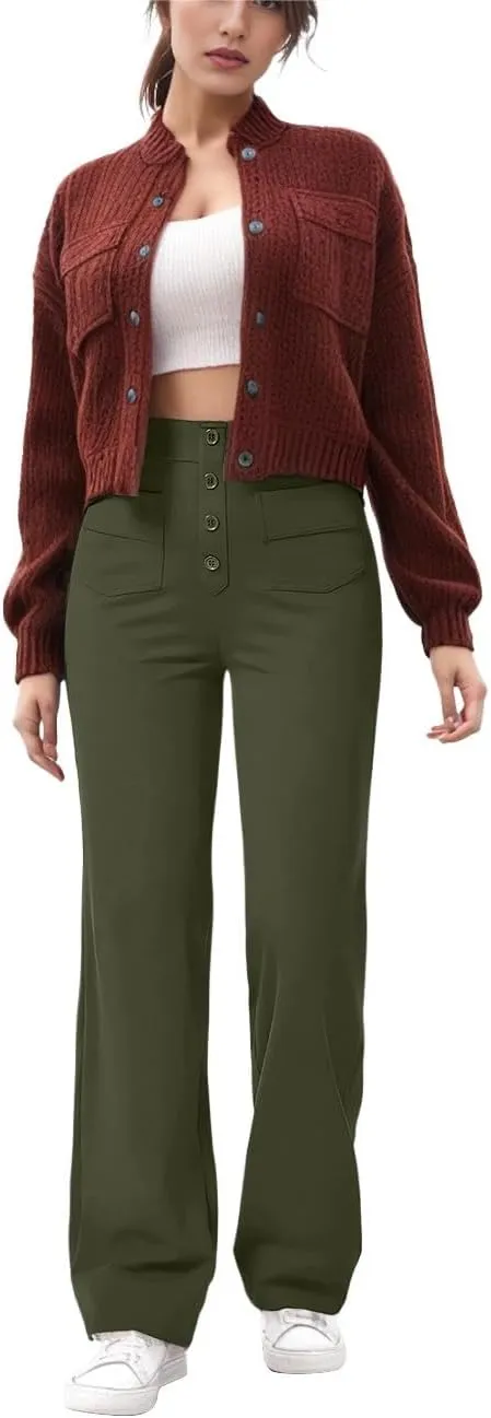 GRECERELLE Womens Casual Straight Leg Pants High Waisted Button Stretchy Business Work Trousers with Multiple Pockets