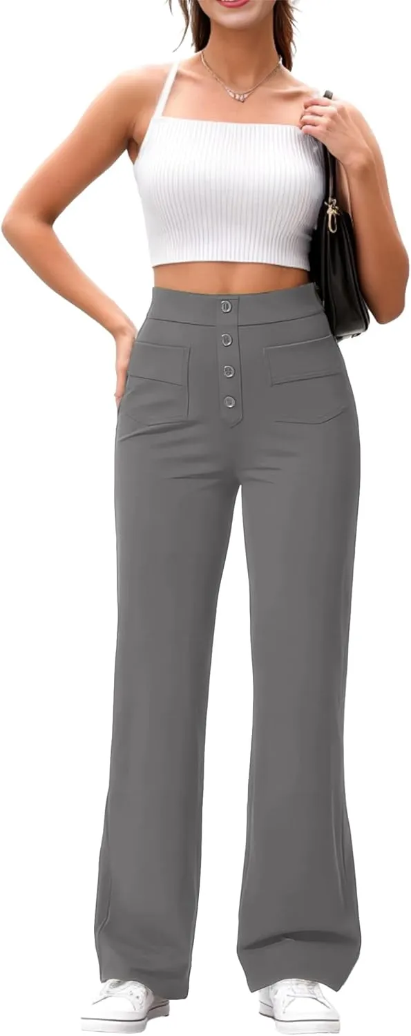 GRECERELLE Womens Casual Straight Leg Pants High Waisted Button Stretchy Business Work Trousers with Multiple Pockets